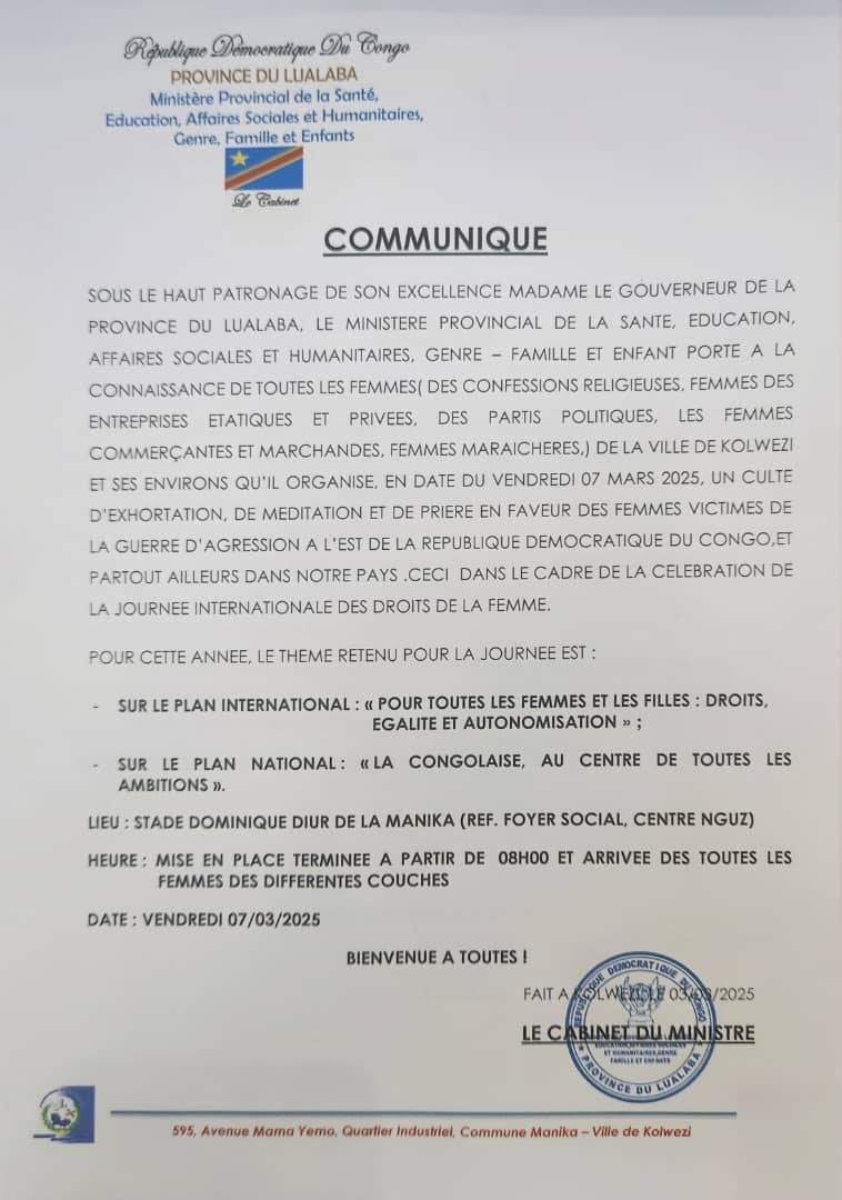 Au Lualaba, la célébration du 08 Mars sous les signes de la méditation et prière en faveur des femmes victimes de la guerre à l’est du pays.